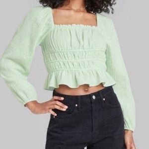 Wild Fable Long Sleeve Ruffle Cotton Pastel Green/ Mint Green Blouse